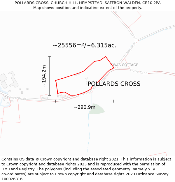 POLLARDS CROSS, CHURCH HILL, HEMPSTEAD, SAFFRON WALDEN, CB10 2PA: Plot and title map