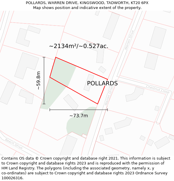 POLLARDS, WARREN DRIVE, KINGSWOOD, TADWORTH, KT20 6PX: Plot and title map