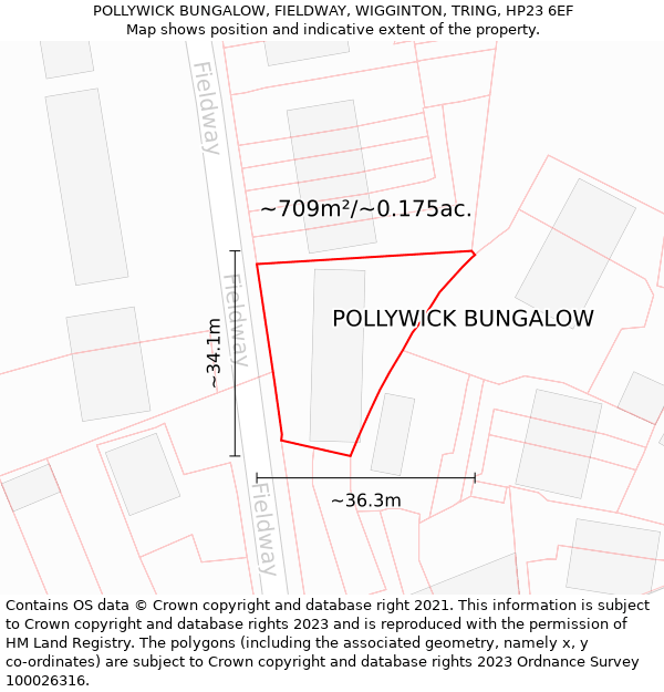 POLLYWICK BUNGALOW, FIELDWAY, WIGGINTON, TRING, HP23 6EF: Plot and title map
