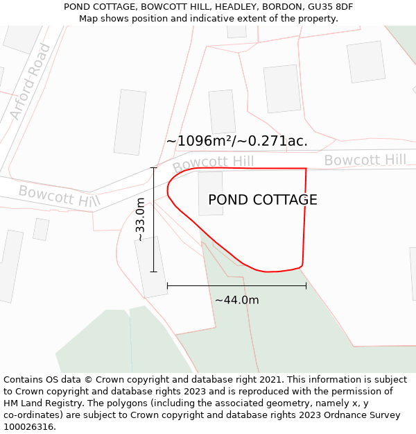 POND COTTAGE, BOWCOTT HILL, HEADLEY, BORDON, GU35 8DF: Plot and title map