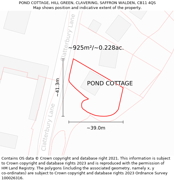 POND COTTAGE, HILL GREEN, CLAVERING, SAFFRON WALDEN, CB11 4QS: Plot and title map