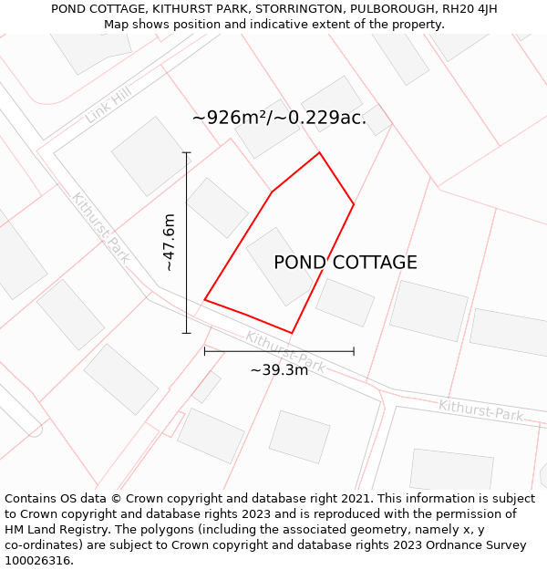 POND COTTAGE, KITHURST PARK, STORRINGTON, PULBOROUGH, RH20 4JH: Plot and title map