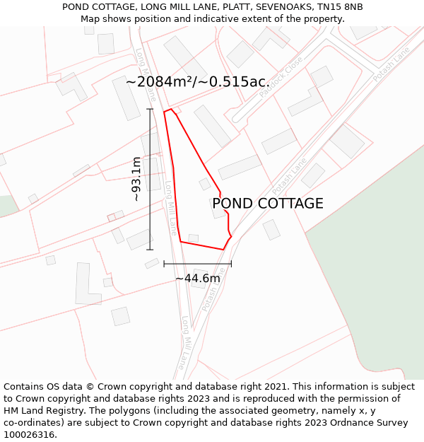 POND COTTAGE, LONG MILL LANE, PLATT, SEVENOAKS, TN15 8NB: Plot and title map