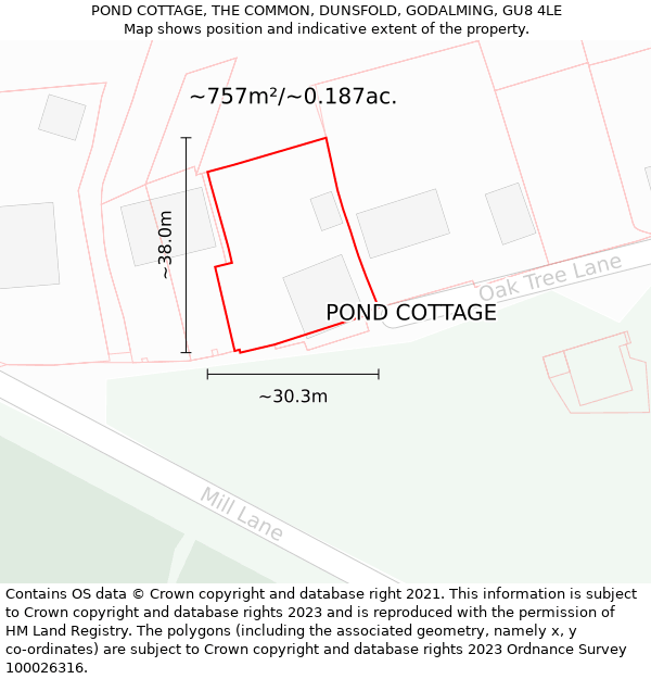 POND COTTAGE, THE COMMON, DUNSFOLD, GODALMING, GU8 4LE: Plot and title map