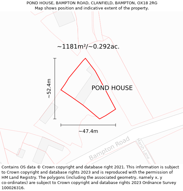 POND HOUSE, BAMPTON ROAD, CLANFIELD, BAMPTON, OX18 2RG: Plot and title map