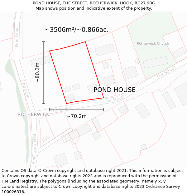 POND HOUSE, THE STREET, ROTHERWICK, HOOK, RG27 9BG: Plot and title map