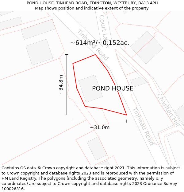 POND HOUSE, TINHEAD ROAD, EDINGTON, WESTBURY, BA13 4PH: Plot and title map