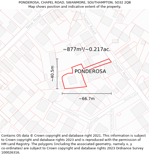 PONDEROSA, CHAPEL ROAD, SWANMORE, SOUTHAMPTON, SO32 2QB: Plot and title map