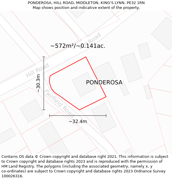 PONDEROSA, HILL ROAD, MIDDLETON, KING'S LYNN, PE32 1RN: Plot and title map