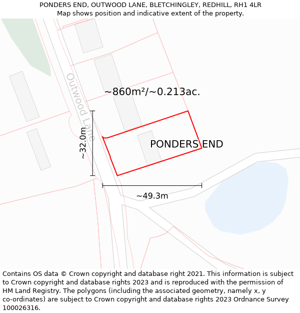 PONDERS END, OUTWOOD LANE, BLETCHINGLEY, REDHILL, RH1 4LR: Plot and title map