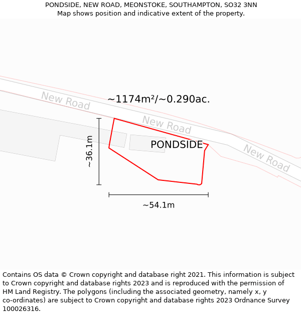 PONDSIDE, NEW ROAD, MEONSTOKE, SOUTHAMPTON, SO32 3NN: Plot and title map