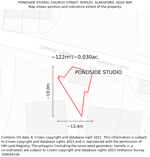 PONDSIDE STUDIO, CHURCH STREET, ROPLEY, ALRESFORD, SO24 0DP: Plot and title map