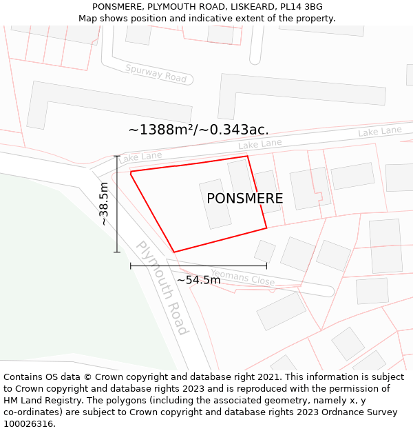 PONSMERE, PLYMOUTH ROAD, LISKEARD, PL14 3BG: Plot and title map