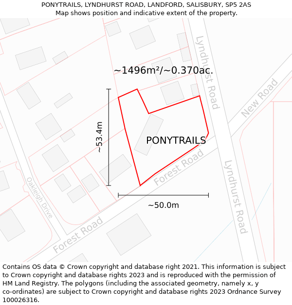 PONYTRAILS, LYNDHURST ROAD, LANDFORD, SALISBURY, SP5 2AS: Plot and title map