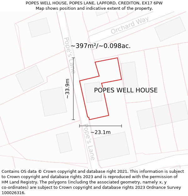 POPES WELL HOUSE, POPES LANE, LAPFORD, CREDITON, EX17 6PW: Plot and title map