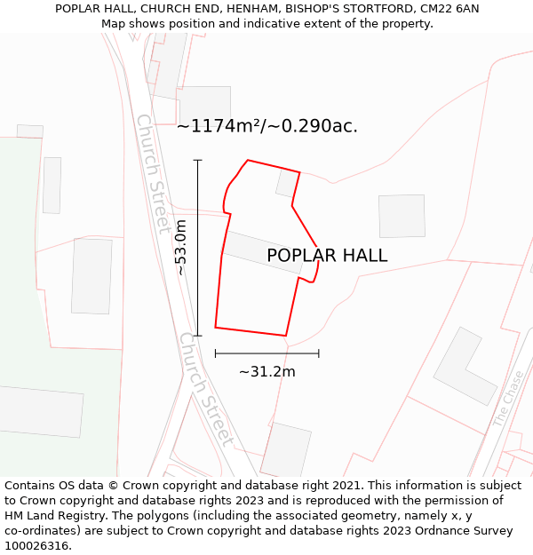 POPLAR HALL, CHURCH END, HENHAM, BISHOP'S STORTFORD, CM22 6AN: Plot and title map