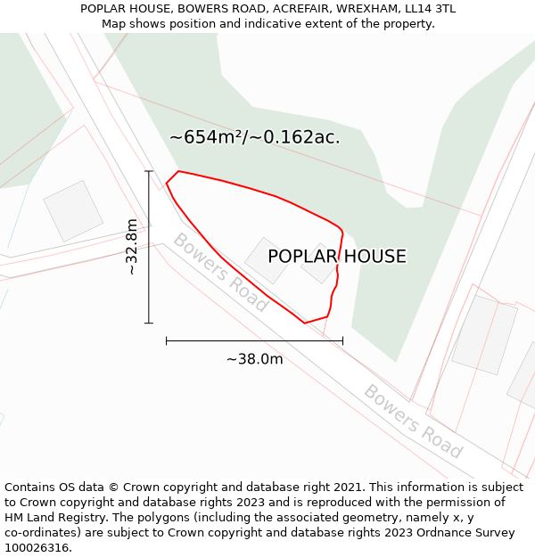 POPLAR HOUSE, BOWERS ROAD, ACREFAIR, WREXHAM, LL14 3TL: Plot and title map