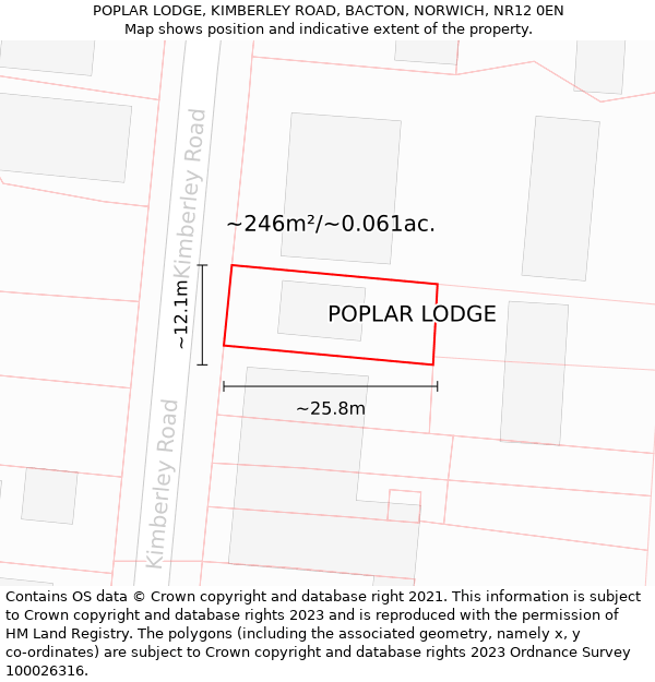 POPLAR LODGE, KIMBERLEY ROAD, BACTON, NORWICH, NR12 0EN: Plot and title map