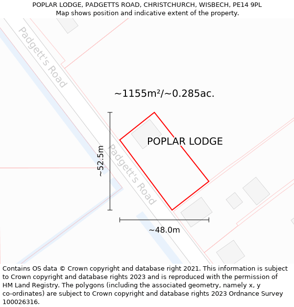 POPLAR LODGE, PADGETTS ROAD, CHRISTCHURCH, WISBECH, PE14 9PL: Plot and title map