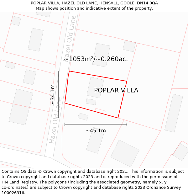 POPLAR VILLA, HAZEL OLD LANE, HENSALL, GOOLE, DN14 0QA: Plot and title map