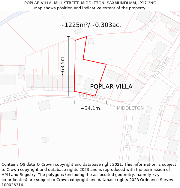 POPLAR VILLA, MILL STREET, MIDDLETON, SAXMUNDHAM, IP17 3NG: Plot and title map