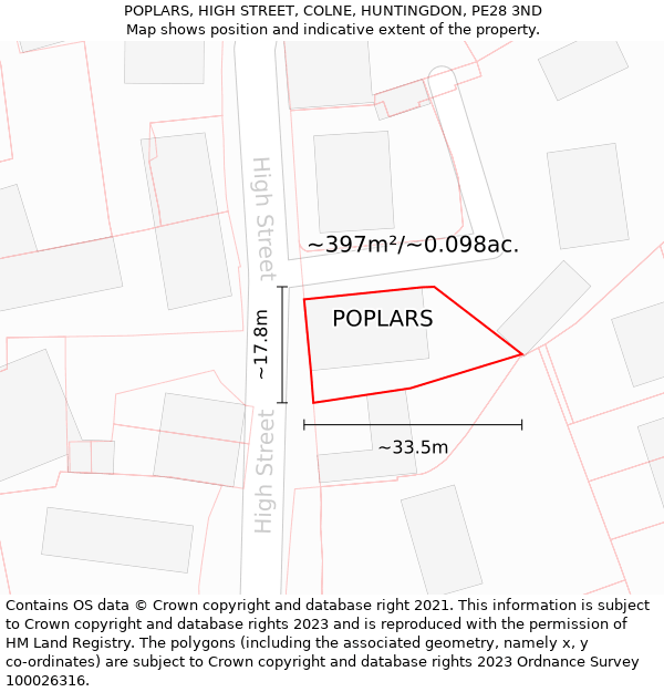 POPLARS, HIGH STREET, COLNE, HUNTINGDON, PE28 3ND: Plot and title map