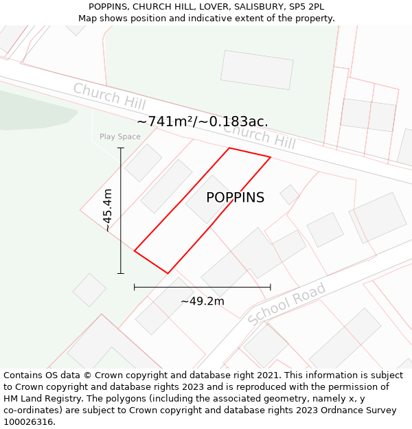 POPPINS, CHURCH HILL, LOVER, SALISBURY, SP5 2PL: Plot and title map