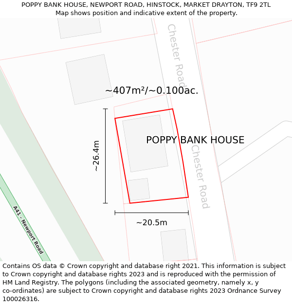 POPPY BANK HOUSE, NEWPORT ROAD, HINSTOCK, MARKET DRAYTON, TF9 2TL: Plot and title map