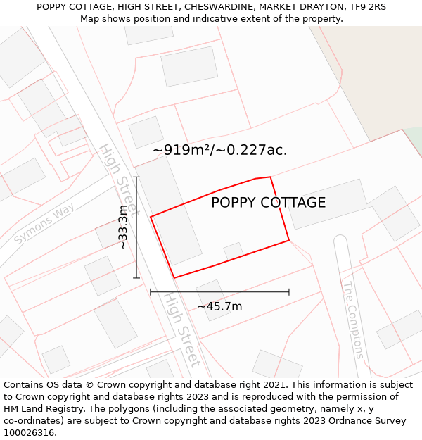 POPPY COTTAGE, HIGH STREET, CHESWARDINE, MARKET DRAYTON, TF9 2RS: Plot and title map