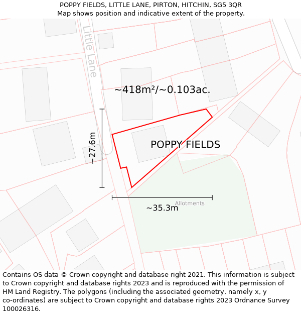 POPPY FIELDS, LITTLE LANE, PIRTON, HITCHIN, SG5 3QR: Plot and title map