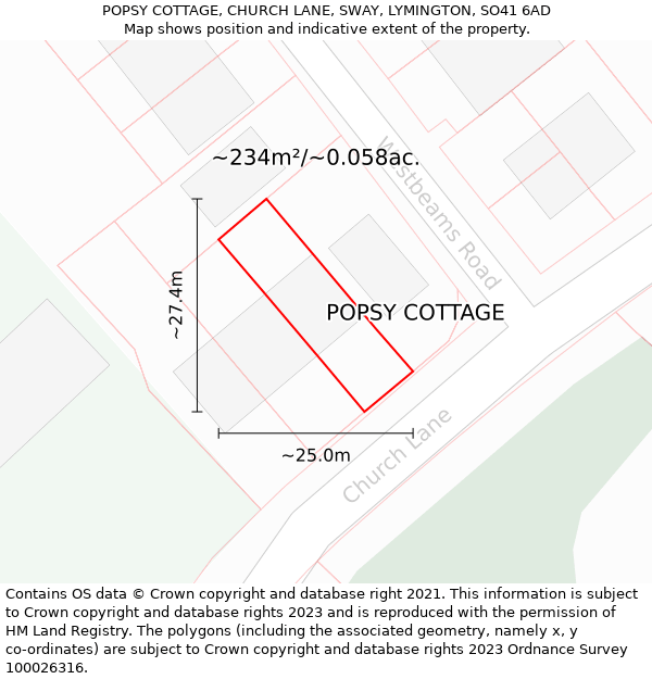 POPSY COTTAGE, CHURCH LANE, SWAY, LYMINGTON, SO41 6AD: Plot and title map