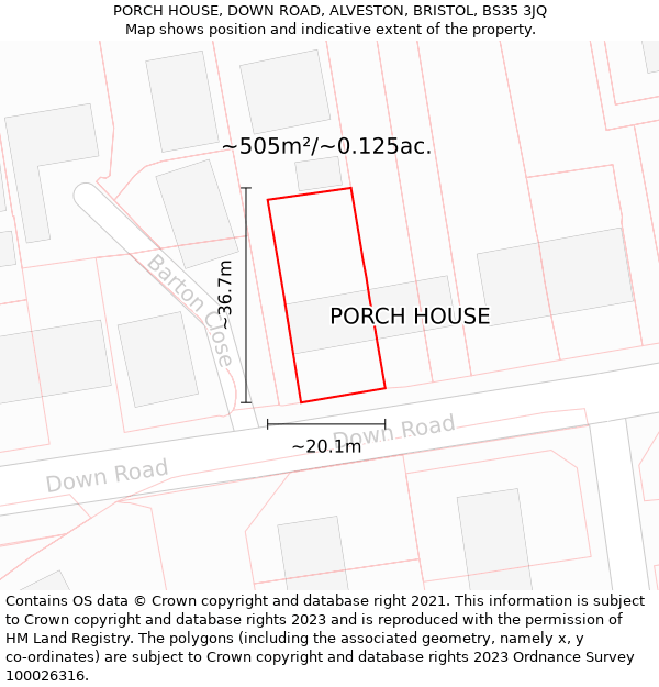 PORCH HOUSE, DOWN ROAD, ALVESTON, BRISTOL, BS35 3JQ: Plot and title map