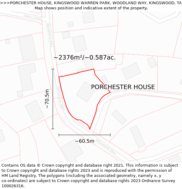 PORCHESTER HOUSE, KINGSWOOD WARREN PARK, WOODLAND WAY, KINGSWOOD, TADWORTH, KT20 6AD: Plot and title map