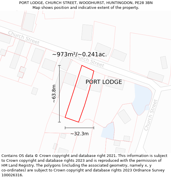 PORT LODGE, CHURCH STREET, WOODHURST, HUNTINGDON, PE28 3BN: Plot and title map