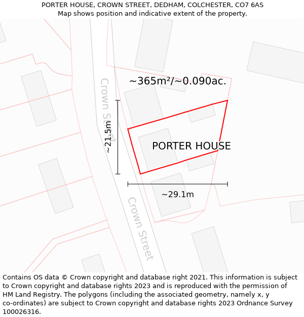 PORTER HOUSE, CROWN STREET, DEDHAM, COLCHESTER, CO7 6AS: Plot and title map