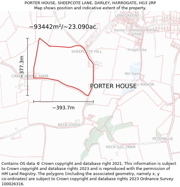 PORTER HOUSE, SHEEPCOTE LANE, DARLEY, HARROGATE, HG3 2RP: Plot and title map