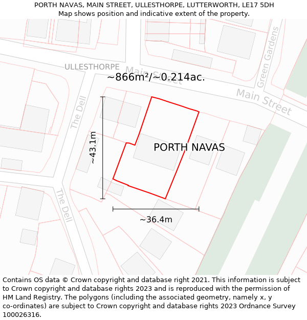 PORTH NAVAS, MAIN STREET, ULLESTHORPE, LUTTERWORTH, LE17 5DH: Plot and title map