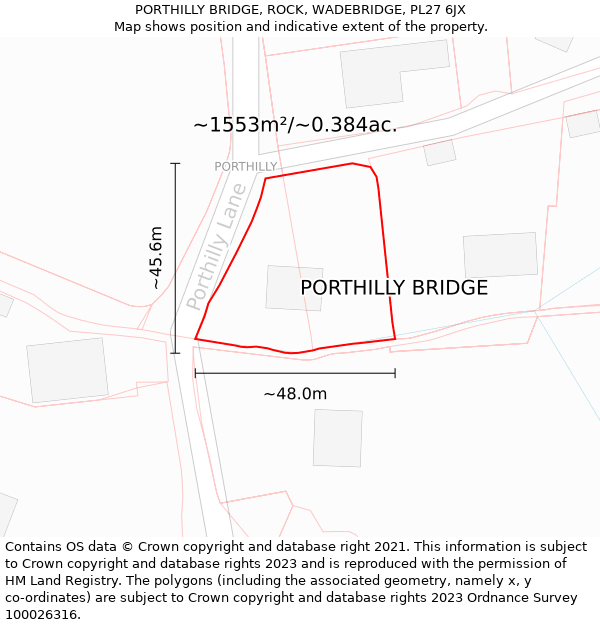 PORTHILLY BRIDGE, ROCK, WADEBRIDGE, PL27 6JX: Plot and title map