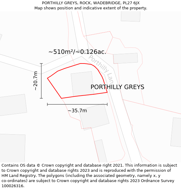 PORTHILLY GREYS, ROCK, WADEBRIDGE, PL27 6JX: Plot and title map