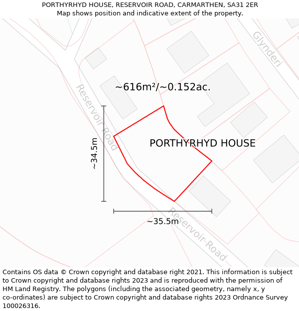 PORTHYRHYD HOUSE, RESERVOIR ROAD, CARMARTHEN, SA31 2ER: Plot and title map