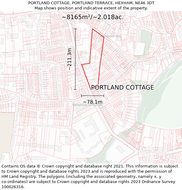PORTLAND COTTAGE, PORTLAND TERRACE, HEXHAM, NE46 3DT: Plot and title map