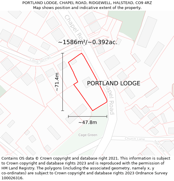 PORTLAND LODGE, CHAPEL ROAD, RIDGEWELL, HALSTEAD, CO9 4RZ: Plot and title map