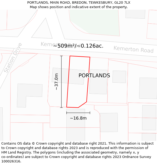 PORTLANDS, MAIN ROAD, BREDON, TEWKESBURY, GL20 7LX: Plot and title map