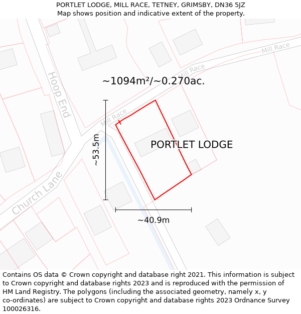 PORTLET LODGE, MILL RACE, TETNEY, GRIMSBY, DN36 5JZ: Plot and title map