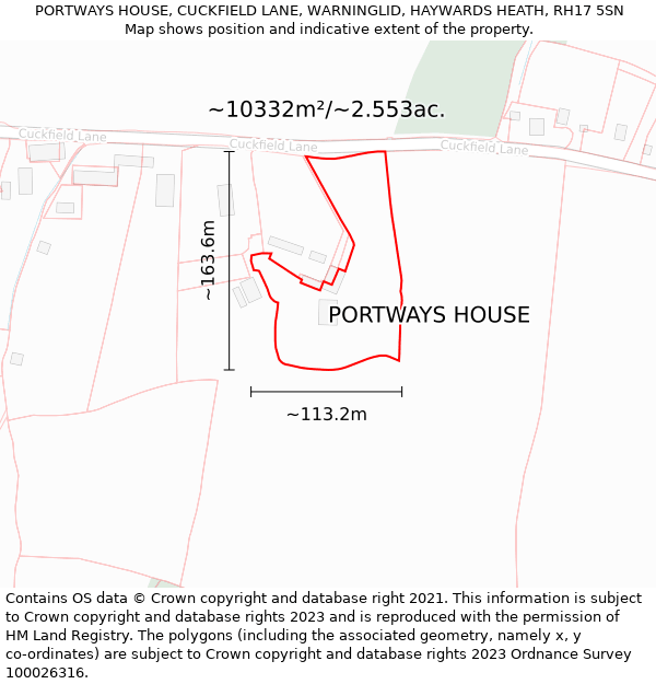 PORTWAYS HOUSE, CUCKFIELD LANE, WARNINGLID, HAYWARDS HEATH, RH17 5SN: Plot and title map