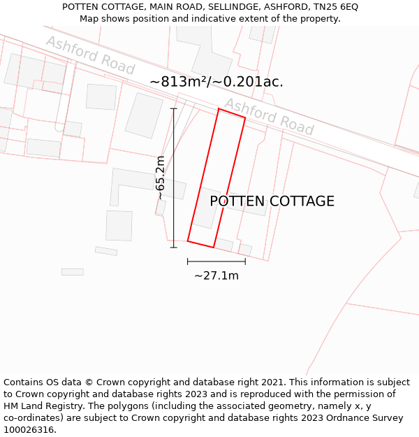 POTTEN COTTAGE, MAIN ROAD, SELLINDGE, ASHFORD, TN25 6EQ: Plot and title map