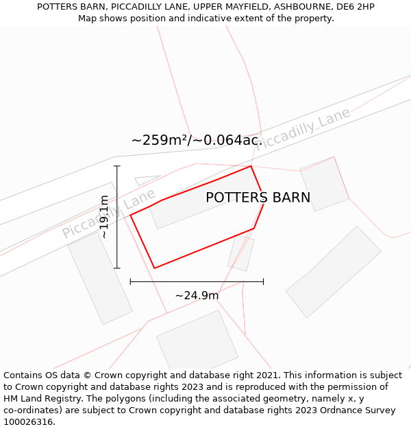 POTTERS BARN, PICCADILLY LANE, UPPER MAYFIELD, ASHBOURNE, DE6 2HP: Plot and title map