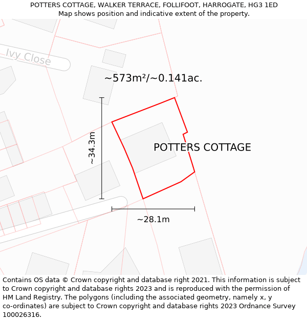 POTTERS COTTAGE, WALKER TERRACE, FOLLIFOOT, HARROGATE, HG3 1ED: Plot and title map