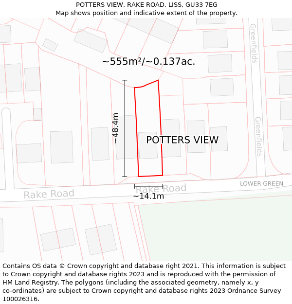 POTTERS VIEW, RAKE ROAD, LISS, GU33 7EG: Plot and title map