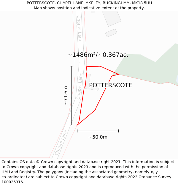 POTTERSCOTE, CHAPEL LANE, AKELEY, BUCKINGHAM, MK18 5HU: Plot and title map